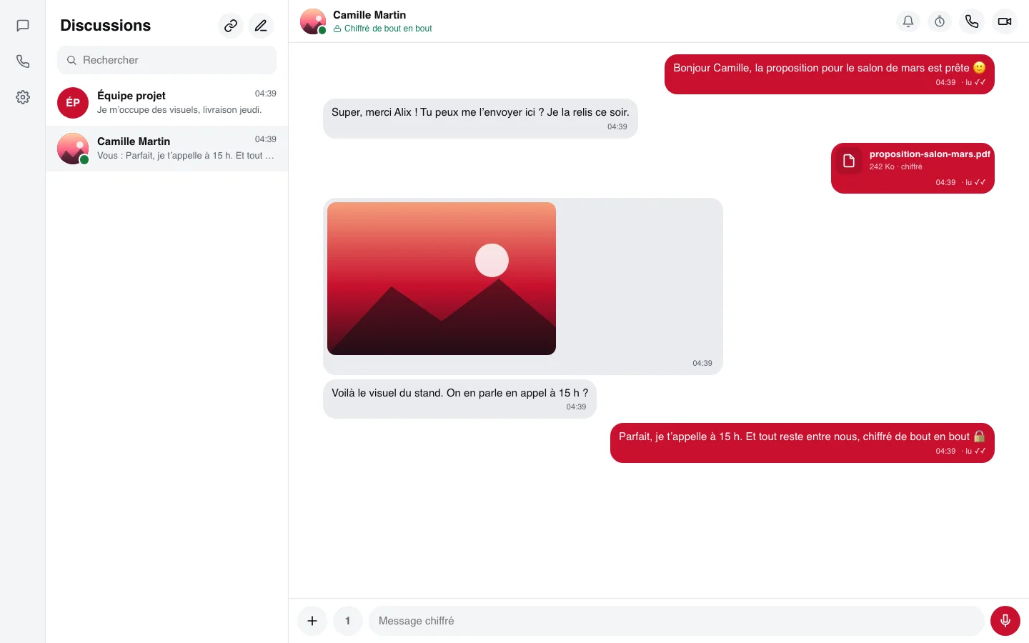 Discus sur ordinateur : liste des discussions et conversation avec un fichier PDF et une photo, chiffrés de bout en bout